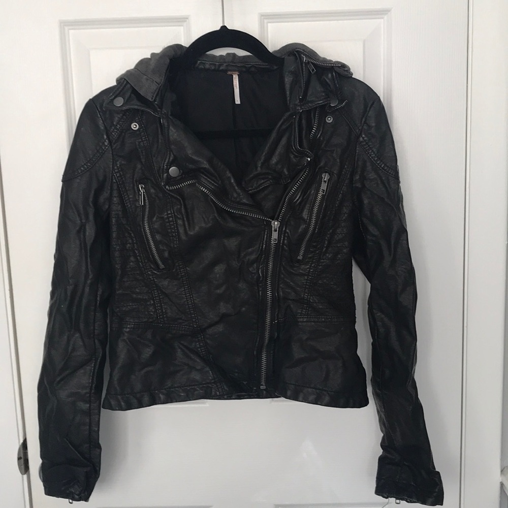 Free People distressed leather jacket w/hood